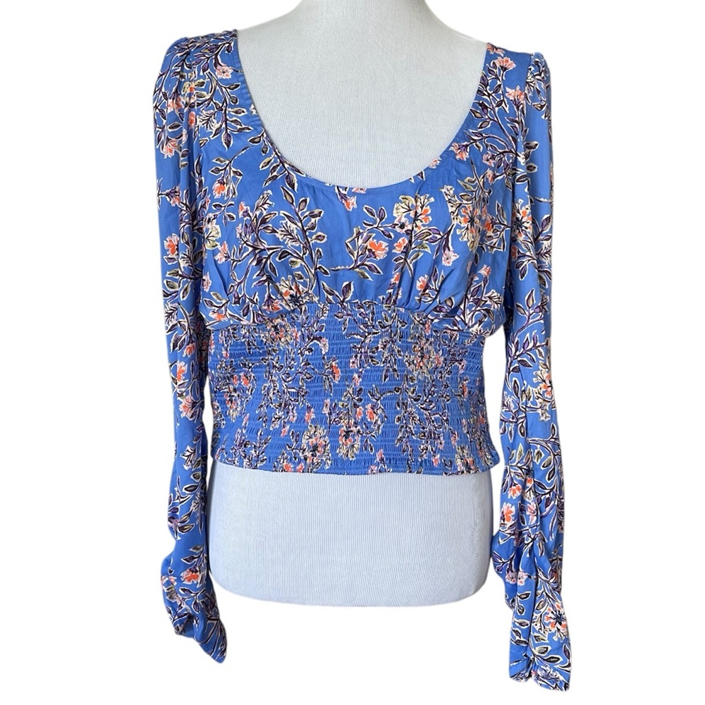 Free People Santiago Cropped Smocked Floral Blouse Size XL Bluebell Combo Color